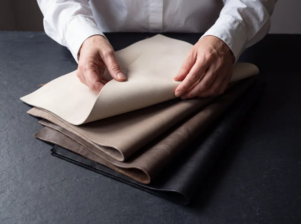 Hände blättern durch einen Stapel Lederhäute in Beige, Taupe, Braun und Schwarz auf einer dunklen Werkbank