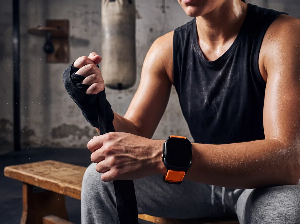 Boxer wickelt im Gym seine Handbandagen und trägt eine Apple Watch mit orangefarbenem Canvas-Armband von INDISTRAPS – Variante 1