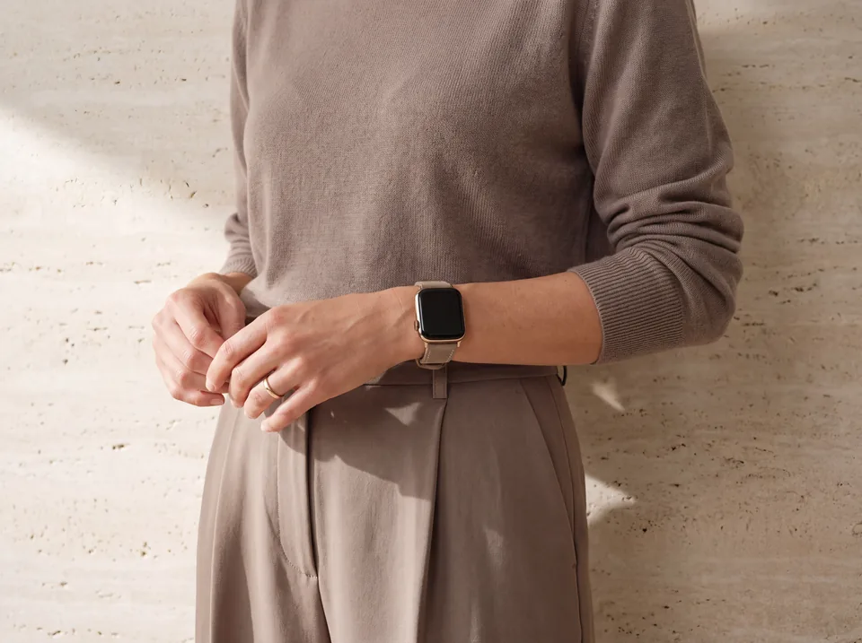 Frau in beigem Strickpullover vor Travertinwand trägt eine Apple Watch mit sandfarbenem Alcantara-Armband von INDISTRAPS – Variante 1