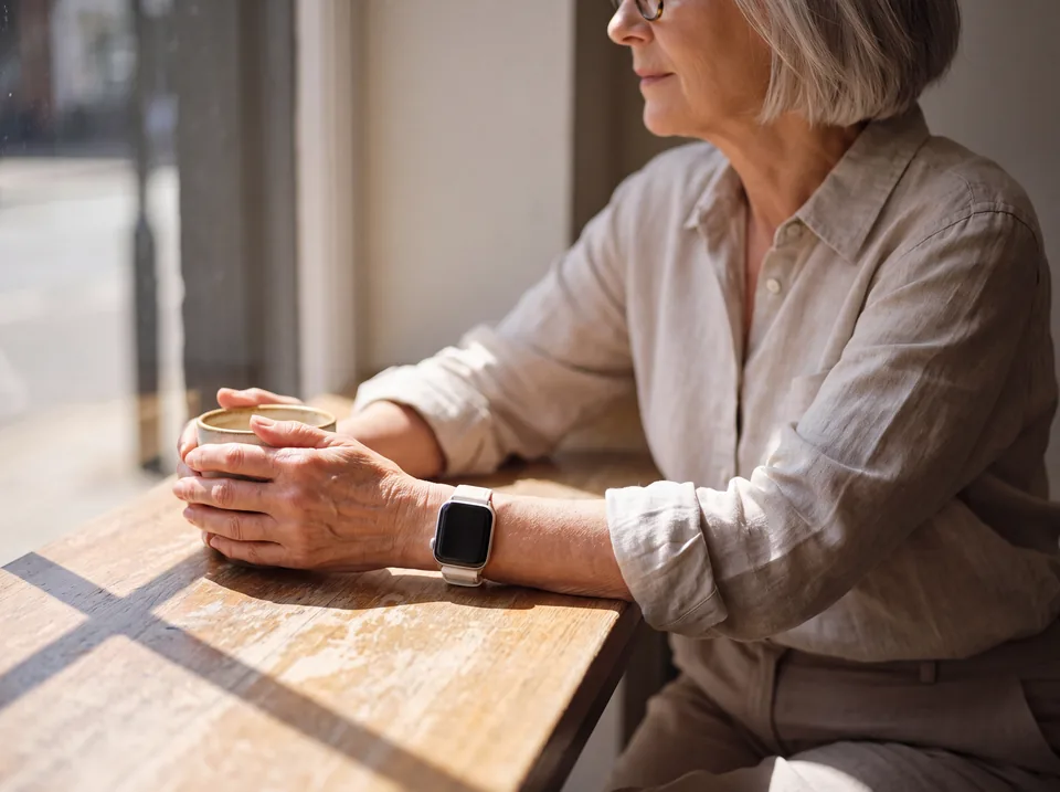 Frau mit silbergrauem Haar sitzt mit Kaffeetasse am Caféfenster und trägt eine Apple Watch mit cremeweißem Armband von INDISTRAPS – Variante 1
