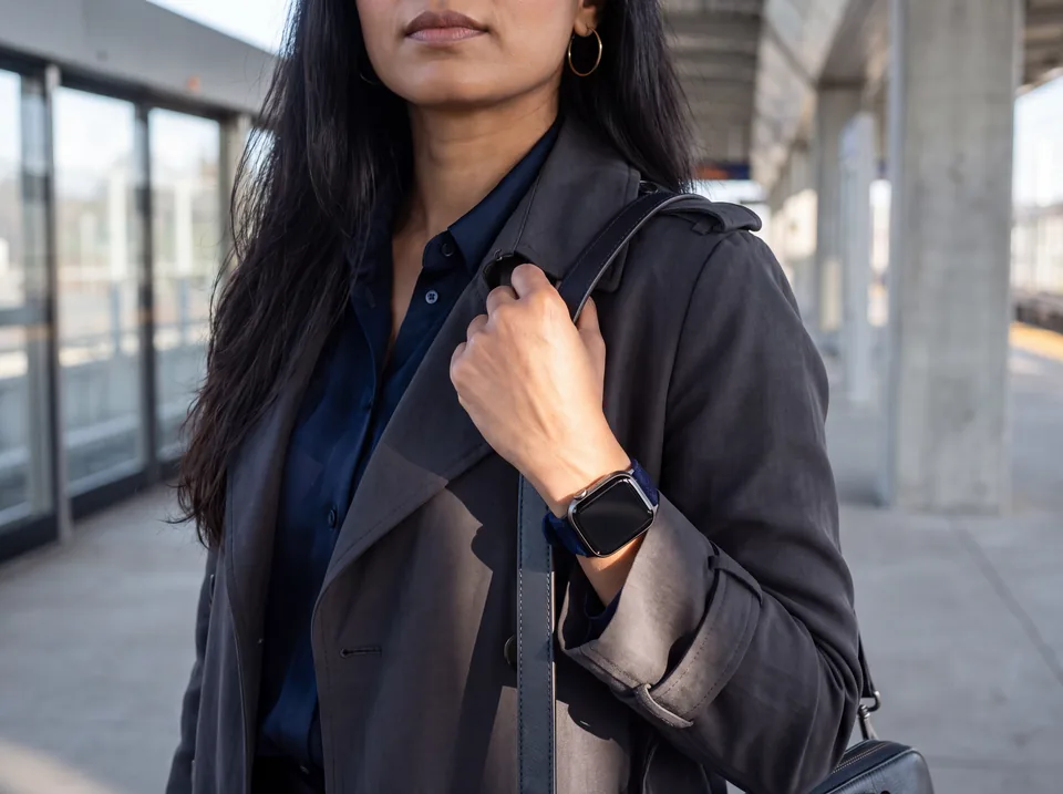 Frau im Trenchcoat mit Ledertasche am Bahnsteig trägt eine Apple Watch mit dunkelblauem Alcantara-Armband von INDISTRAPS – Variante 1