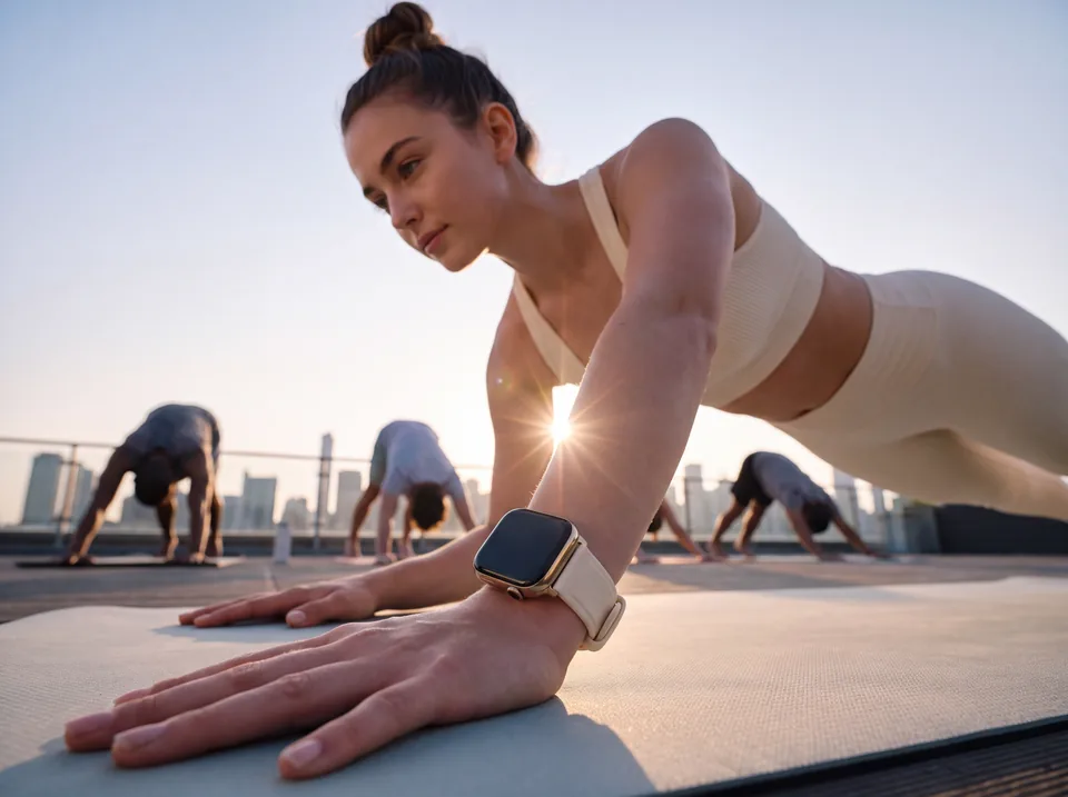 Frau in Yoga-Position auf einer Dachterrasse bei Sonnenaufgang trägt eine Apple Watch mit cremefarbenem Alcantara-Armband von INDISTRAPS – Variante 1