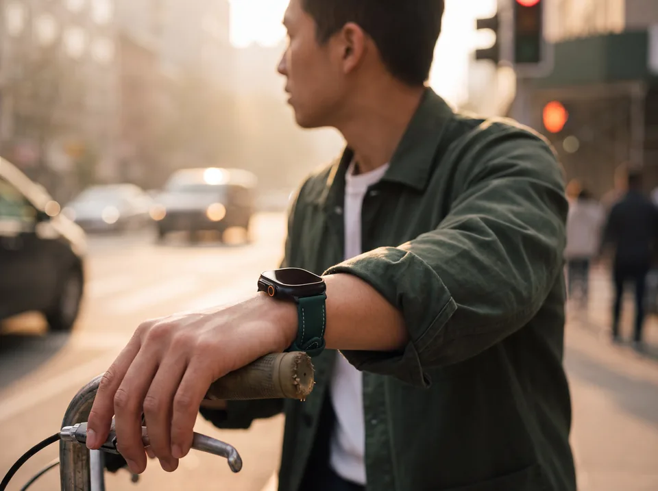 Mann in grüner Jacke auf dem Fahrrad in der Stadt bei Abendlicht trägt eine Apple Watch mit grünem Alcantara-Armband von INDISTRAPS – Variante 1