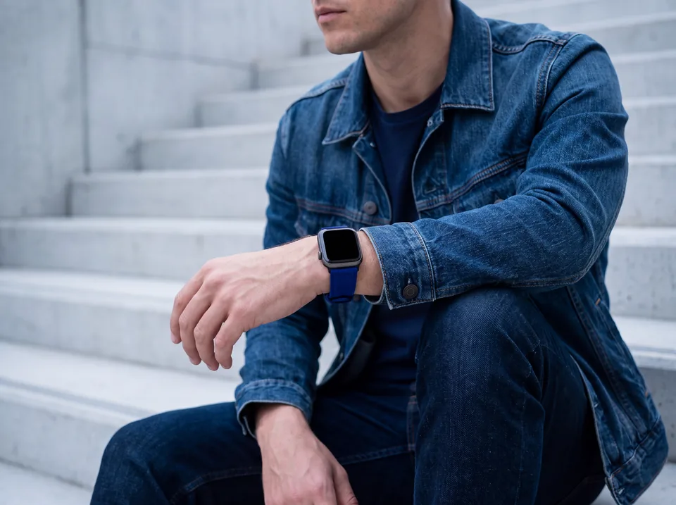 Mann in Jeansjacke sitzt auf einer Steintreppe und trägt eine Apple Watch mit blauem Alcantara-Armband von INDISTRAPS – Variante 1