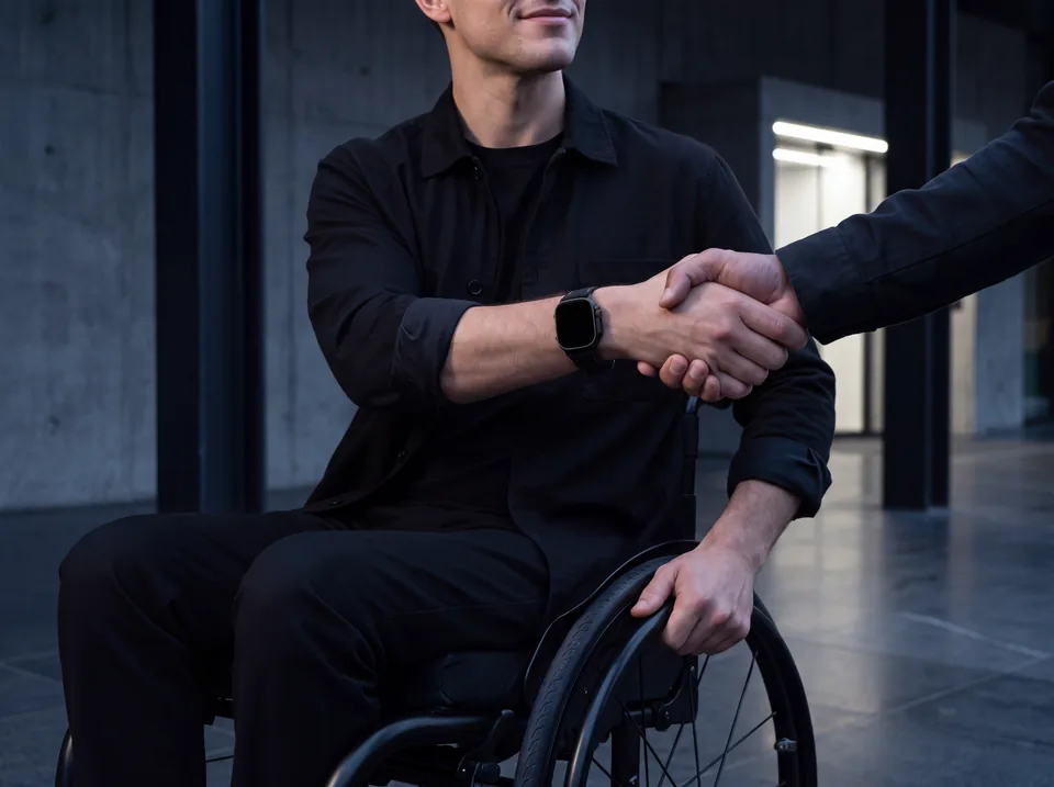Mann im Rollstuhl in schwarzem Hemd gibt vor einem modernen Gebäude die Hand und trägt eine Apple Watch mit schwarzem Alcantara-Armband von INDISTRAPS – Variante 1
