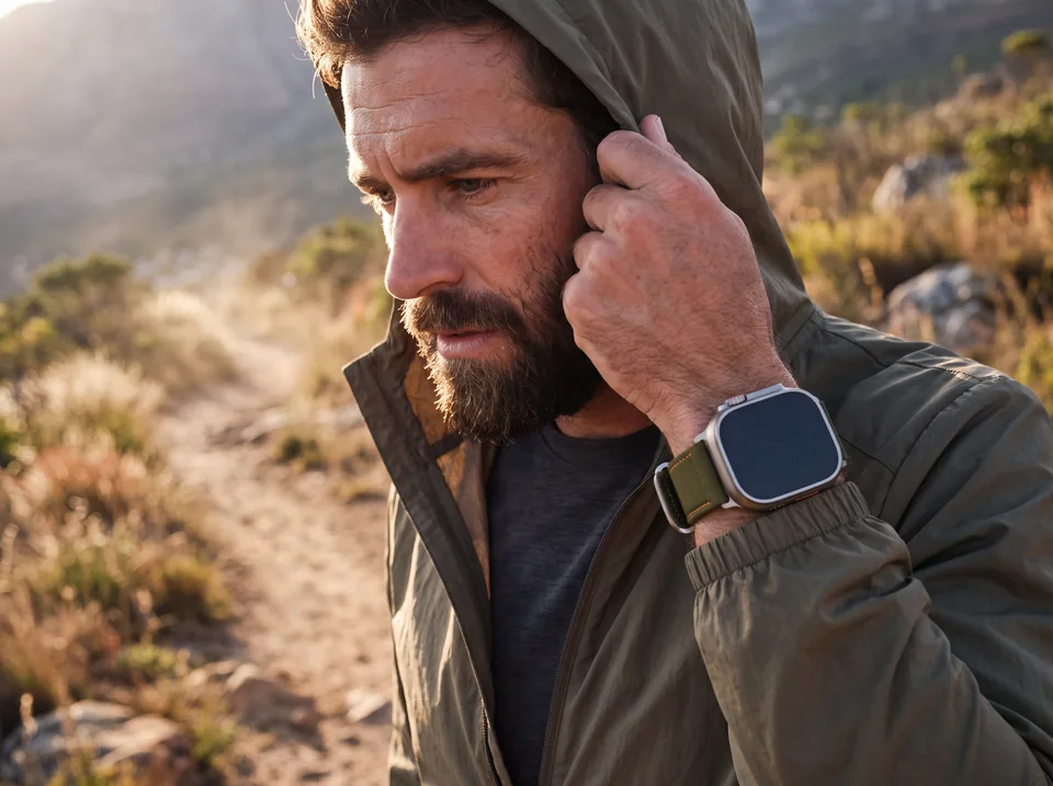 Bärtiger Wanderer in olivgrüner Kapuzenjacke in den Bergen trägt eine Apple Watch Ultra mit olivfarbenem Canvas-Armband von INDISTRAPS – Variante 1