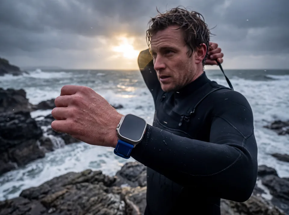 Surfer im Neoprenanzug an einer stürmischen Felsenküste trägt eine Apple Watch Ultra mit blauem Canvas-Armband von INDISTRAPS – Variante 1