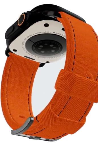 Apple Watch mit individuellem orangefarbenem Canvas-Armband von INDI STRAPS